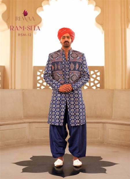 Blue Colour Ram-Sita By Rewaa Designer Wedding Wear Short Koti Sherwani With Dhoti Manufacturers RSM-12